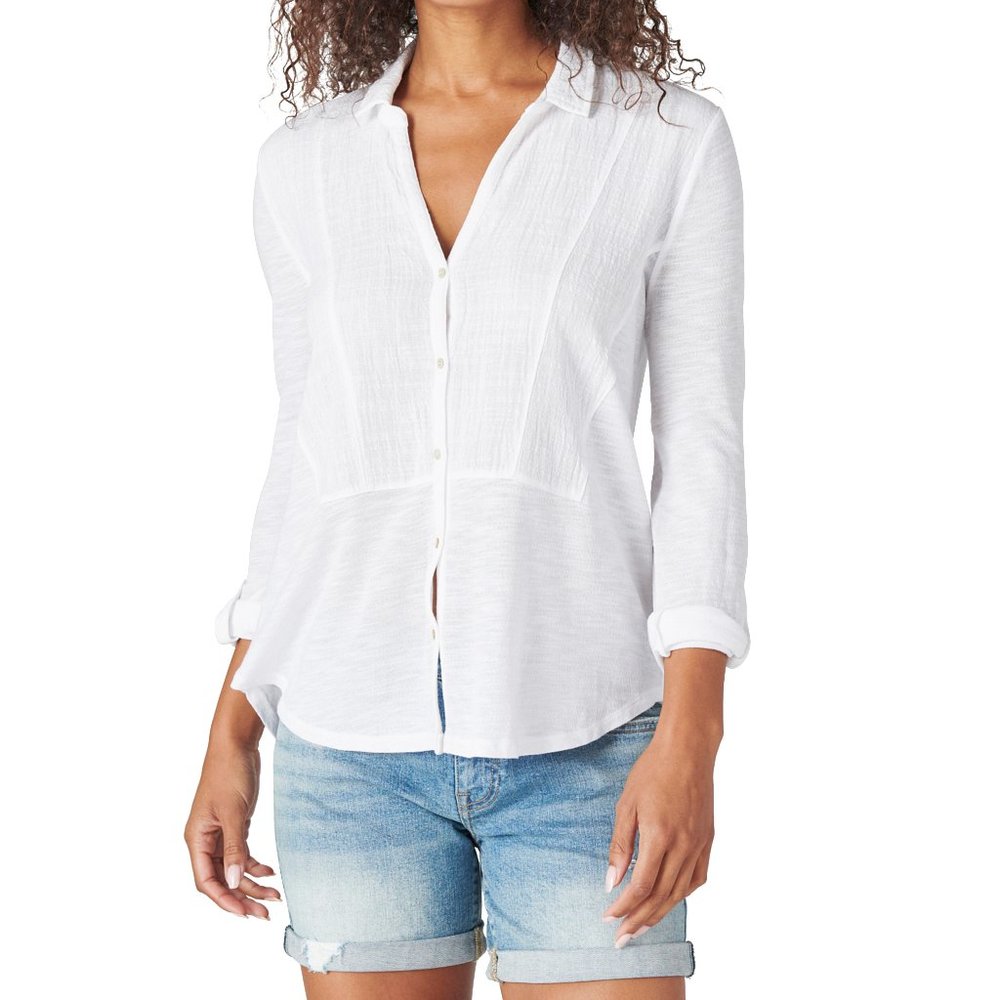 Lucky Brand Woven Gauze Mixed Top - White - Picture 1 of 7